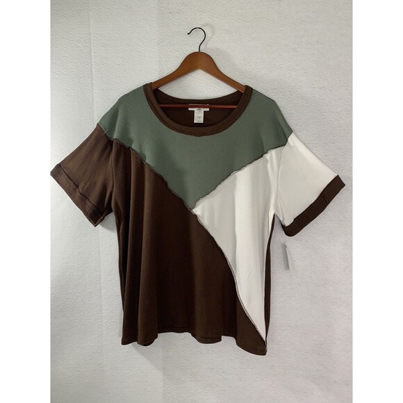 Moa Moa Top Women 1X Multicolor Block T Shirt Waffle Knit USA Cottage Casual NWT - Picture 9 of 9